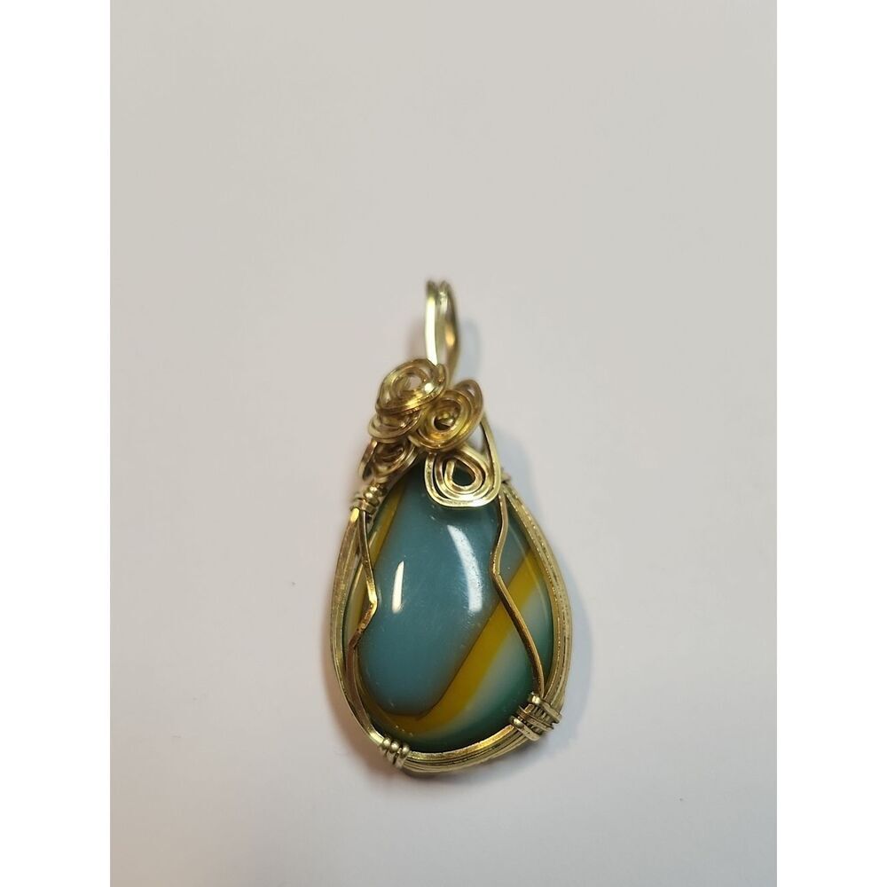 Handcrafted Teardrop Wire-Wrapped Pendant in Teal and Yellow